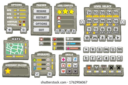 Game User Interface Design, Illustration of a funny 
graphic gui background, in cartoon style with basic buttons
 and functions, status bar, for creating game