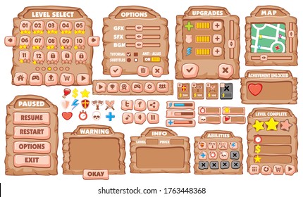 Game User Interface Design, Illustration of a funny 
graphic gui background, in cartoon style with basic buttons
 and functions, status bar, for creating game