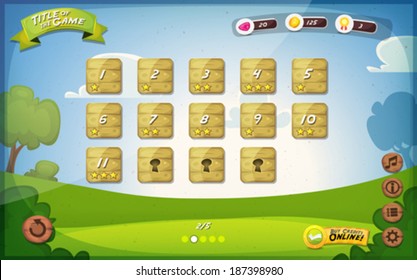 Game User Interface Design/ Illustration of a funny spring graphic gui background, in cartoon style with basic buttons and functions, status bar, vintage retro background, for wide screen tablet