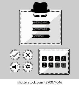 Game User Interface Design For Tablet/ Illustration of a black-white retro graphic game, in hipster style with basic buttons