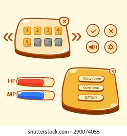 Game User Interface Design For Tablet/ Illustration of a yellow bread graphic game, in cartoon style with basic buttons status bar