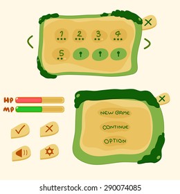 Game User Interface Design For Tablet/ Illustration of a green bush graphic game, in cartoon style with basic buttons status bar