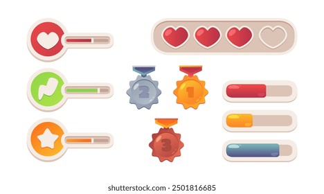 Game user interface elements, isolated set of progress bars with life and experience of level. Vector console of player, medallion for challenge completion, gold silver and bronze reward