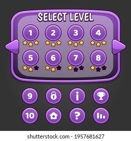 Game user interface with level selection screen, including stars, arrows, masterkeys and strat botton on purple background,  Vector illustration