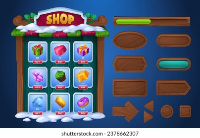 Game user interface menu boards, buttons and shop design. Cartoon vector illustration of winter gui window of wooden snow covered store rack with Christmas decoration, holy plant and items foe selling