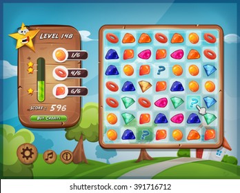 Game User Interface For Tablet Pc/
Illustration of a sample of switcher or clicker game interface design, in cartoon style with grid, buttons, icons, status bar, over spring landscape with house