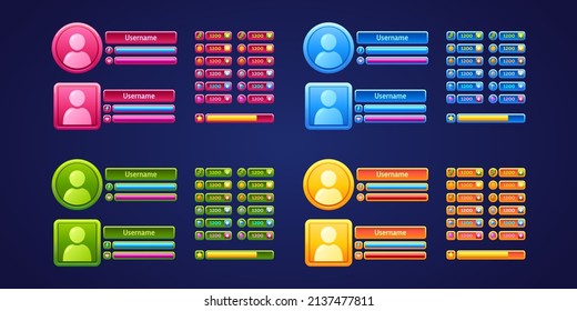 Game user menu panels, rpg gamer profiles, daily rewards, username, health, power sliders. Graphic interface design with level assets coins, gem stones, money bills, ranking stars, Vector illustration