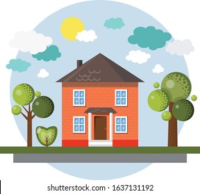 Game vector background. Vector illustration of a beautiful red house with garden in sunny weather. Cartoon illustration 