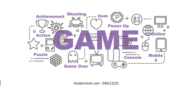 Game Vector Banner Design Concept, Flat Style With Thin Line Art Video Game Icons On White Background