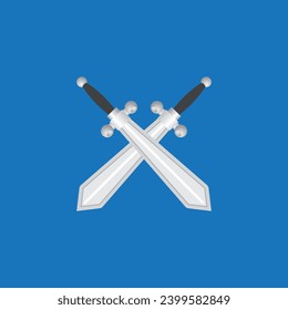 El vector del juego cruzó el logotipo de espadas medievales de hierro, el escudo de armas guerrero sobre blanco. cuchilla de plata metálica, armadura real rey, armas de caballero, insignia de ganador.