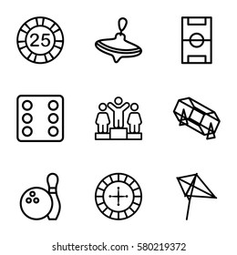 game vector icons. Set of 9 game outline icons such as whirligig, kite, Roulette, 25 casino chip, Dice, lottery, ranking, football pitch