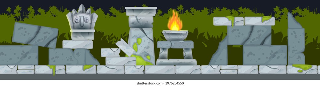 Game vector seamless landscape, cartoon jungle maya temple ruin background, stone altar, fire, boulders. Horizontal level environment Aztec illustration. History game landscape, totem face, rainforest