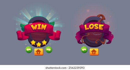 Game victory and defeat badges with navigation green arrows and home buttons. Win screen shows bright red ribbon, glowing stars and light rays. Lose dull panel with dry vines and cobweb elements.