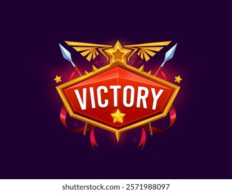 Game victory icon badge, award trophy, gui interface banner, rewards screen featuring golden star, raised spears, red ribbons and golden wings. Cartoon vector pop up gaming frame, winner achievements