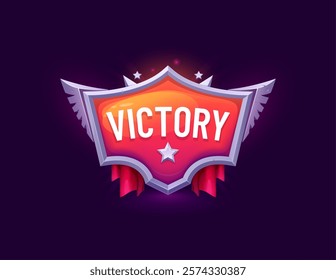 Game victory icon badge, cartoon vector award featuring metallic shield with wings, stars and red banner. Gui trophy for digital arcade game achievements, reward and success celebration gaming screen