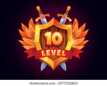 Game victory shield. Gamer win or level achievement sign logo banner in medieval fantasy rpg game, knight shield winner rank badge mobile app ui, cartoon swanky vector illustration original artwork