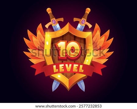 Game victory shield. Gamer win or level achievement sign logo banner in medieval fantasy rpg game, knight shield winner rank badge mobile app ui, cartoon swanky vector illustration original artwork