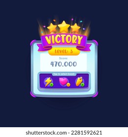 Game victory sign, banner or popup window. Vector award badge with golden stars, assets and purple ribbon. Winner celebratory achievement reward bonus. Appreciation emblem, success celebration label