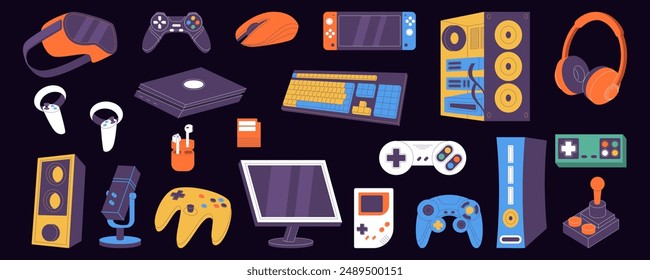 Game video. Gamers controller. Laptop and VR gadgets. Console technology. Arcade playing. Computer headset. Wireless gamepad. Control videogame joystick. Players pad. Vector garish play devices set