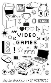 Game video icons. Retro arcade poster design. Doodle illustration. Outline console. Control joystick. White laptop. Computer playing. Sketch gadget. Gamers elements set. Vector technology fun simple