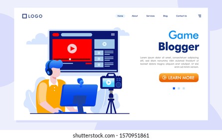 Game vlogger landing page website illustration vector flat design 