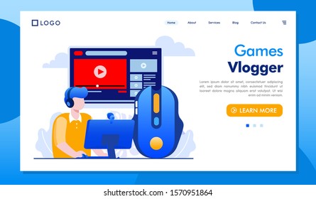 Game vlogger landing page website illustration vector flat design 