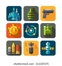 Game War Strategy. Weapon. Color Vector Flat Icon Set: Pomegranate, Gun, Ammunition, Aircraft, Satellite, Radar, Missile, Tank