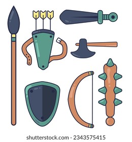 Game weapon icon flat set. Weapons, shields, magic, scrolls.