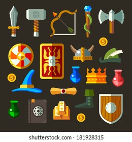 Game weapon icons flat set. Weapons, shields, magic, scrolls.