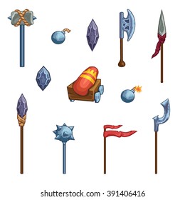 Game weapon icons set. Ax, hammer, banner , crown, cannon, kernel, flag, spear, halberd, club.