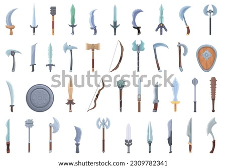 Game weapon icons set cartoon vector. Shield warrior. Chest weapon