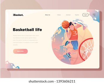 Game website concept of web page design include basketball player vector flat illustration. for website or mobile website