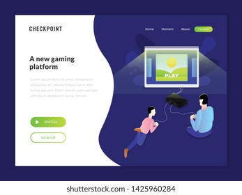 Game website concept of web page design Playing Game together with family or friend using console vector flat illustration. for website or mobile website
