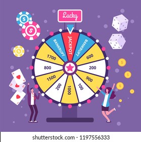 Game wheel concept. People playing risk game with fortune wheel and lottery. Casino and gambling vector background. Illustration of casino fortune, wheel winner game