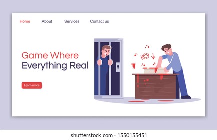 Game where everything real landing page vector template. Escape room website interface idea with flat illustrations. Survival game homepage layout. Quest room web banner, webpage cartoon concept