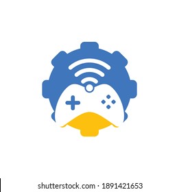 Game wifi gear shape concept logo design template vector. joystick and wifi logo combination.