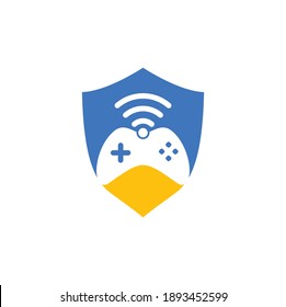 Game WiFi Logo Design Vorlage Vektorgrafik. Joystick und WiFi-Logo-Kombination. Gamepad und Signalsymbol oder Symbol
