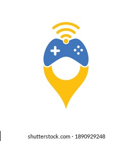 Game wifi map pin shape concept logo design template vector. joystick and wifi logo combination.