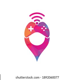 Game wifi map pin shape concept logo design template vector. joystick and wifi logo combination.
