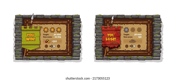 Ganar y perder carteles con marco de ladrillo de piedra y tablero de madera. Juego de dibujos animados vectoriales de elementos ui de juego en estilo medieval, carteles de puntuación con colgantes y lanza