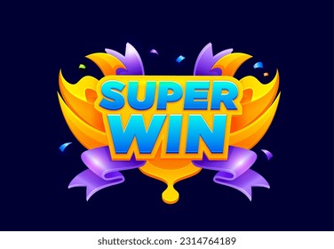 Game win popup banner. Gambling jackpot victory screen or icon, 2d arcade rating achievement UI vector sign, GUI level win popup banner. Casino slot success congrats badge with violet ribbon, confetti