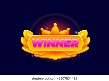 Game win popup banner, victory award badge or icon. Gambling jackpot, mobile game UI rank success sign, game victory vector popup banner or 2d arcade achievement congrats badge with golden crown