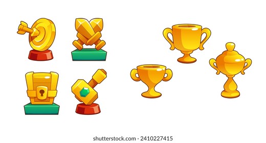 Game winner assets and trophies set isolated on white background. Vector cartoon illustration of golden target, sword, treasure chest, hammer decorated with gemstone, victory prize, success symbol