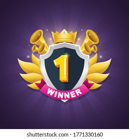 Game Winner Badge Design With Shiny Crown And Star Award Vector Illustration 