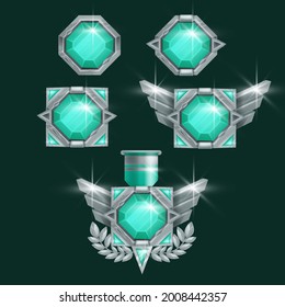 Game Winner Badge Set, Vector Rank Award Silver Medal Kit, UI Achievement Prize Illustration, Green Gem. Level Up Trophy Collection, Abstract Wings, Crystal Emerald Stone. Victory Game Badge Element