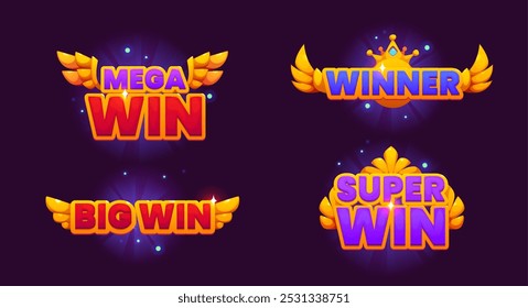 Game winner signs and badges with golden wings for casino jackpot win, vector banners. Gamble game or wheel of fortune lottery and bingo jackpot victory shields with gold laurel wreath and gemstones