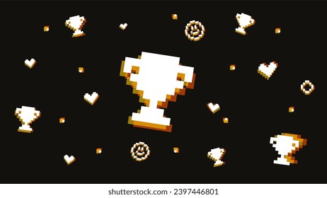 Ilustración vectorial ganadora del juego. Trofeo dorado, corazones pequeños y rostros sonrientes en forma de píxel con efectos de brillo para juegos en línea, arcadas. Antecedentes del sitio web para streaming en estilo retro.  Ganar