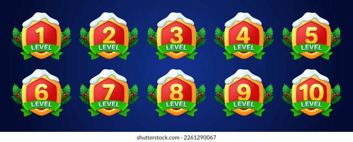 Game winter holiday badges with level number. Achievement rank emblems, golden red hexagon label, game level with green ribbon and holly berry, leaves, snow, vector cartoon set isolated on background