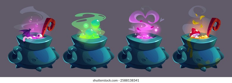 Game witch cauldron icons - black pot brewing magical potions. Liquid with eye and bat wing, green bubbling mixture, pink with heart smoke, red mushroom in yellow poison. Fantasy RPG spell elements.