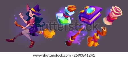 Game witch character with magical icons. Cheerful spellcaster riding broomstick with fantasy item - potion bottle, enchanted spellbook and mystical wand. Cartoon asset for mobile fantasy RPG interface
